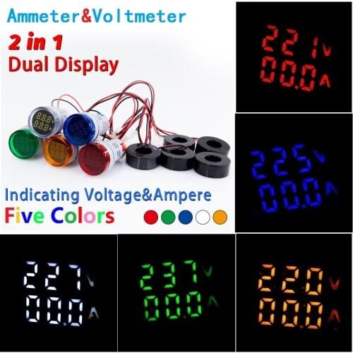 Mini Digital Voltmeter Ammeter 22mm AC 0-100A 20-500V Volt Amp Voltage Tester Meter Dual LED Indicator Pilot Lamp Light Display