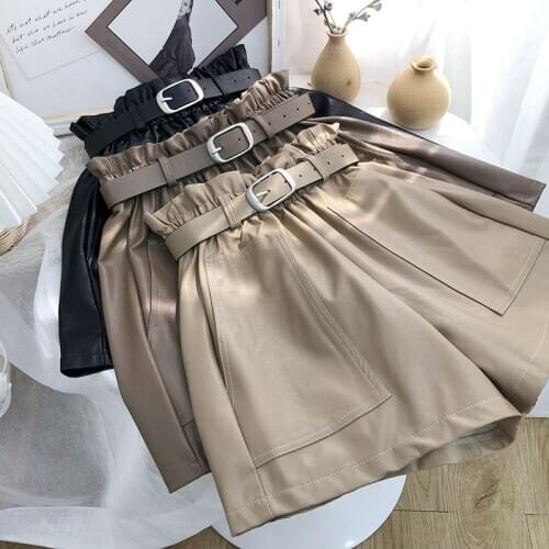 High Quality Faux Leather Shorts Women Spring Boot Wide Leg High Waist Korea Girls PU Short Pants 2021 Fall Plus Size with Belt