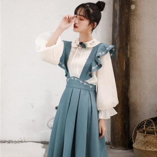 Women retro green ruffles flower embroidery suspender skirt high waist mori girl high quality slim waist dresses
