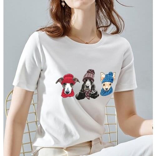 Womens T-shirt Fashion Shirt Casual Basic All-match Three Cute Dog Print O-Neck Slim Ladies Commuter Soft and Comfortable Top