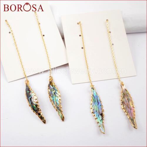 BOROSA 5Pairs New Gold Color Leaf Natural Abalone Shell Threader Earrings Fashion Charm Drop Earrings Jewelry for Women G1605