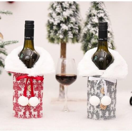 2pcs Cartoon Deer Fluffy Ball Knitting Wool Christmas Wine Bottle Cover New Year Party Champagne Bundle Pocket Party Table Decor