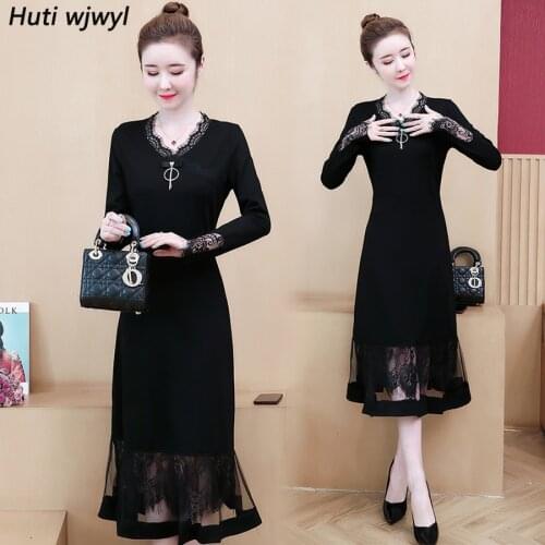 2021 Female Vintage Black Sexy Midi Dresses Autumn Winter 5XL Plus Size Long Sleeve Dress Elegant Women Bodycon Party Vestidos