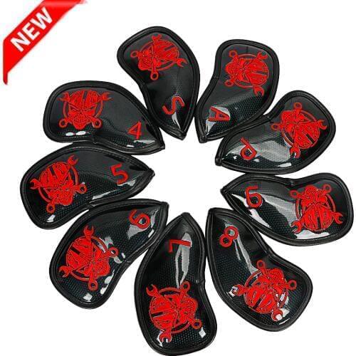 9pcs/lot Iron Headcover Club Head Cover Smooth and Bright PU Embroidered Skull clubs Protect covers