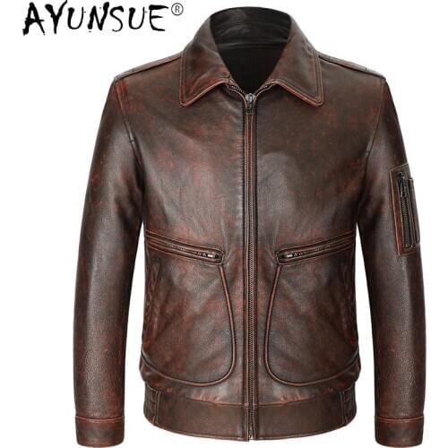AYUNSUE Mens Genuine Leather Jacket Men Cowhide Coat Vintage 100% Real Cow Leather Flight Jacket Autumn Winter Clothes KJ5099