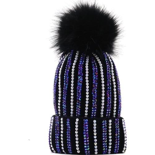 Brand luxury Womens Pom Pom Pearl Beanie Hat Spring Casual Polyester Shine Rhinestones Beanies For Women Skull Hats Bonnet Cap