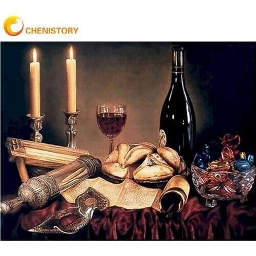 CHENISTORY DIY Oil Painting By Numbers Wine Candle Scenery Picture By Number Handmade 40x50cm Frame Home Living Room Decor