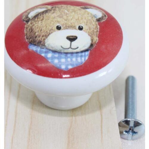 Kids konbs cartoon knobs little bear ceramic drawer knob red white porcelain dresser cupboard children room knob Toy closet pull