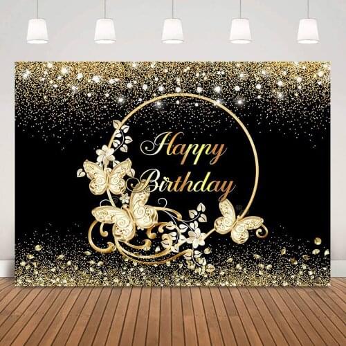 Adult Happy Birthday Backdrop Decoration Floral Golden Butterfly Dots Birthday Party Black Background Gold Ring Photography