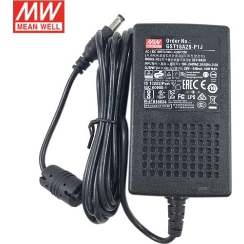 GST18A28-P1J MEAN WELL Desktop Adaptor 110V/220V AC to 28V DC 0.64A 18W Meanwell Level VI Adapter Switching Power Supply