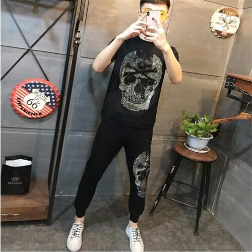 Best selling tight skull brand mens and womens Tracksuit studded 2-piece tight sportswear mens jerseys short sleeves+pants