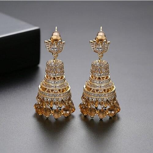 Indian Jhumka AAA Cubic Zircon Drop Dangle Earring Statement Beads Bell Tassel Ethnic Jhumki Gypsy Retro Crystal Earrings Tribal