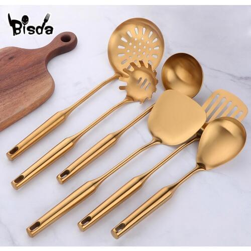 10Pcs/Set Kitchen Utensil Cooking Tool Stainless Steel Slotted Turner Long Handle Ladle Skimmer Gold Food Server Kitchenware Set