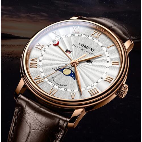 LOBINNI Men Watches Quartz Luxury Brand Watch Men Sapphire Waterproof Moon Phase Calendar Steel Rose Gold Man Hours reloj hombre