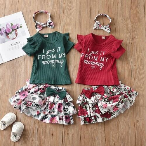 OPPERIAYA 3Pcs Baby Girls Summer Outfits Ribbed Letter Print Fly Sleeve Round Neck T-shirt Floral Tiered Skirt Bowknot Headband