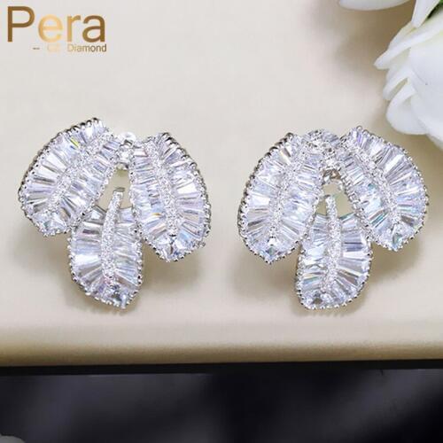 Pera New Style Fashion Women 3 leaf Shape Geometric Charm Cubic Zirconia Prom Party Big Stud Earrings For Best Friend Gift E324