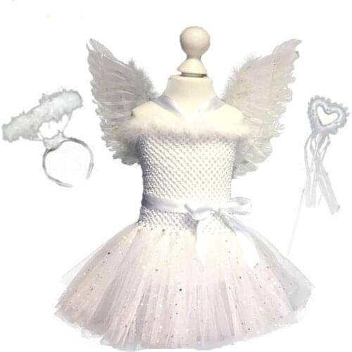 White Feather Angel Girls Tutu Dress Baby Kids 1st Birthday Party Dress Purim Christmas Angel Costume with Wings and Fairy Wands
