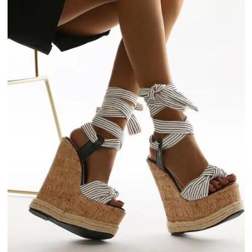 Hot Girls Striped Lace Up Platform Wedge Sandal Woman Super Heels Thick Sole Slingback Knot Front Straw Weaving Sandals Shoes