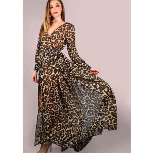 Leopard Long Dress Women Coffee Long Sleeve Dresses 2019 New Spring Autumn Sexy Split V Neck Slim Dress Vestidos Feminina CX07