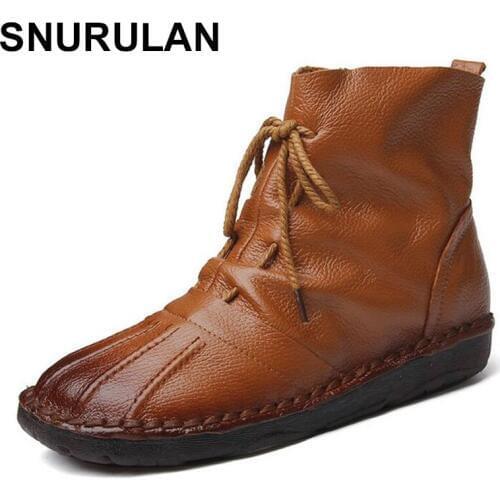 SNURULAN Everest 2018 new Genuine Leather Boots women Female shoes spring Autumn short Boots flats lace up ankle boots 36-40