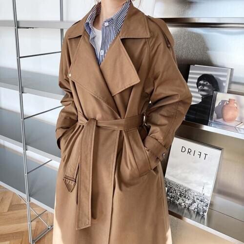 LMQ NEW Women Spring Autumn Temperament British Long Light Trench Coat Long Sleeve Casual Lapel Windbreaker Loose Korean Jacket