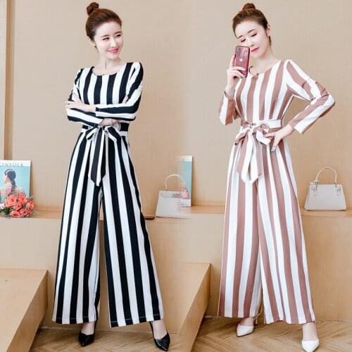 Spring and Autumn Womens New Style Fashion One-piece Pants Elegant Slimming Lace-up Stripes High-waisted Jumpsuit Trousers