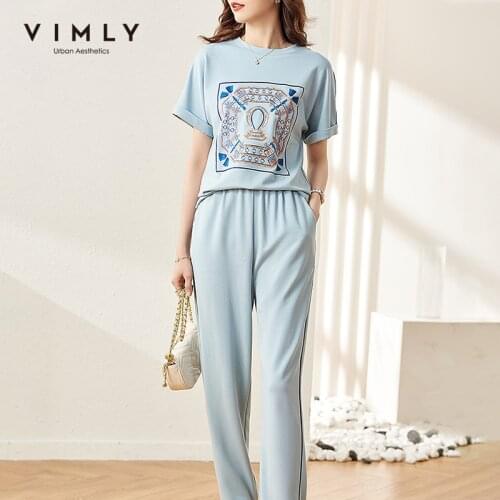VIMLY New Summer Two Piece Set Women Korean Printed Loose Tshirts High Waist Elastic Pants 2021 Casual Women Tracksuit F7568