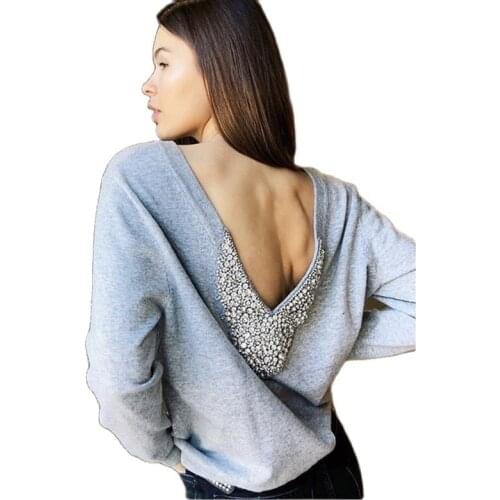 Women Back Diamond Beading Deep V Neck Cashmere Woolen Sweater Warm Knit Female Warm Winter Clothing