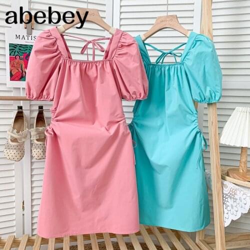 Sweet square collar puff sleeve Dress high waist pleated waist lace up bow solid A-line Dress 2021 New Summer Women