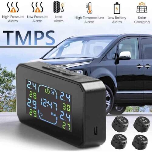 Car Truck TPMS LCD Solar Minivan Trailer Tire Pressure Tyre Temperature Volume Monitoring Alarm System with 4 External Sensors