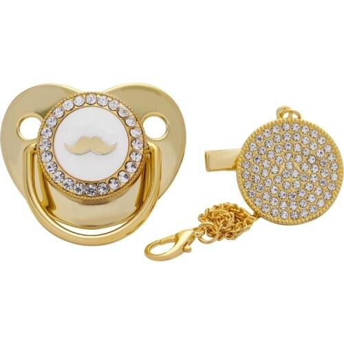 BLINGONLY New Design Mustache Shape Gold Rhinestone Pacifier Baby With Metal Chain Clip