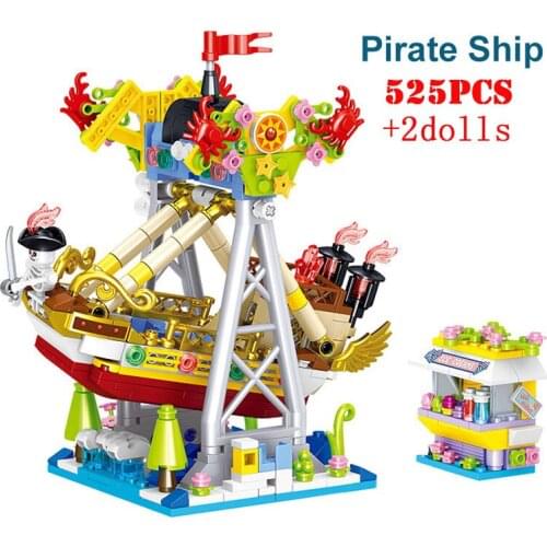 City Street View Playground Pirate Ship Micro Building Blocks Carousel Roller Coaster Bumper Car Mini Bricks Children Toys Gifts