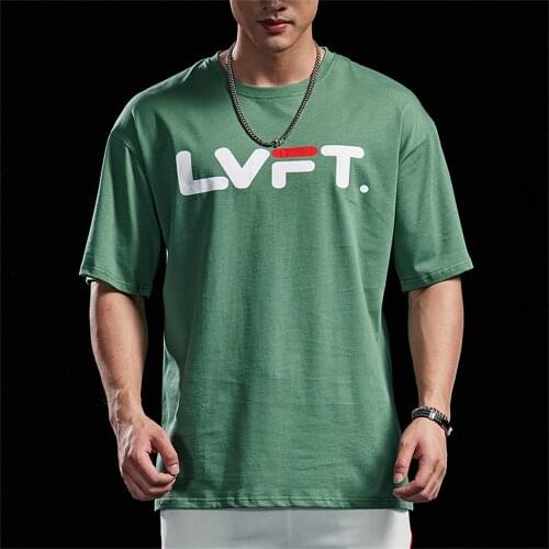 Oversize Round Neck Sports T-shirt Mens Fitness Loose Sports Letter Print Training Casual Running Short-Sleeve Tee Shirt Green