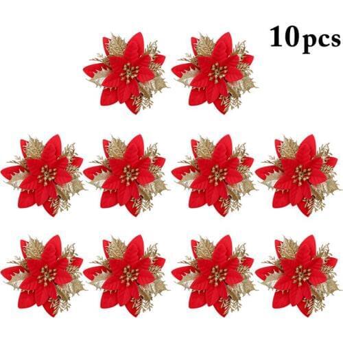 10pcs Artificial Flowers For Decoration Glitter Poinsettia Fake Flowers DIY Christmas Tree Home Wedding Decoration Flower Head