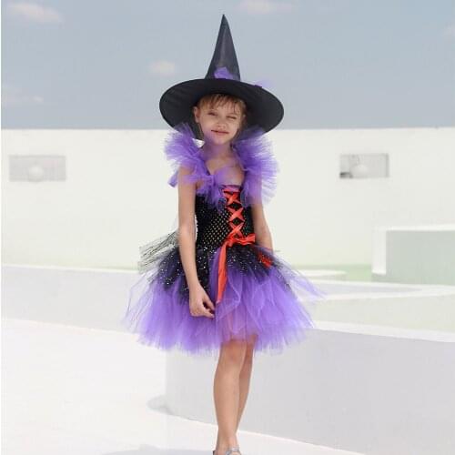 Sparkly Wicked Witch Costume for Girls Halloween Costume Tutu Dress with Matching Witch Hat Kids Carnival Cosplay Costume Dress
