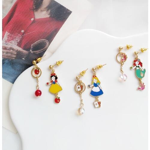 Cute Metal Mermaid dream fairy princess wears personality trend asymmetrical Alice Enamel earrings for women