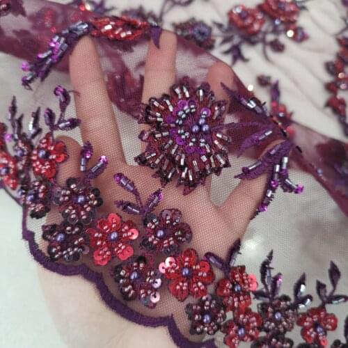 Fashionable flower beaded tulle embroidery french net lace fabric ZH-59887 for women dress