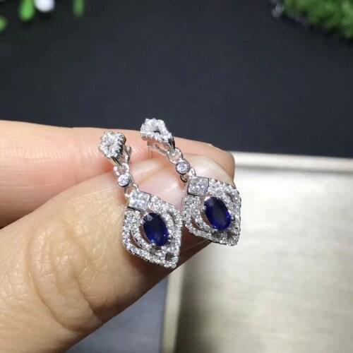 Fashion natural blue sapphire drop earrings Natural gemstone earrings Elegance retro Hollow water drop 925 silver female jewelry