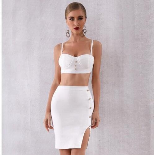 Newest Celebrity Party Bodycon Bandage Dress Women White Spaghetti Strap 2 Two Piece Set Sexy NightClub Dress Women Vestidos