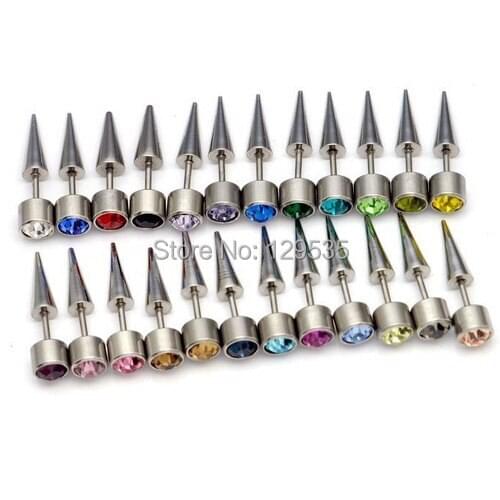 New Hot sell Austrian crystal titanium steel Cone Tip Spike Men Women Screw Back (pierced) Stud earrings 24 Colors 6 mm Diameter