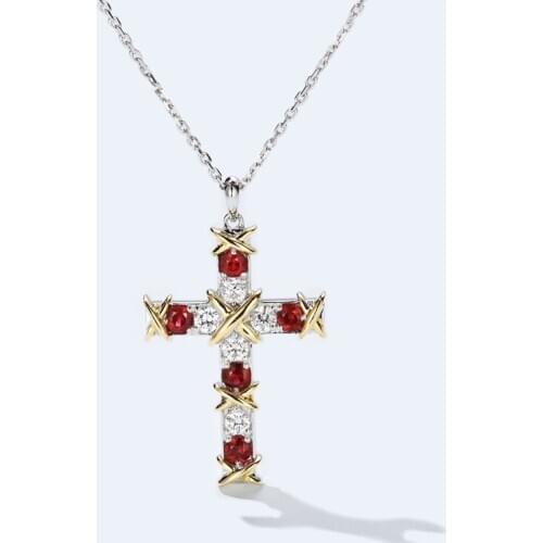 Brand New Top Sell Classic Jewelry 925 Sterling Silver Ruby White 5A CZ Diamond Cross Pendant Women Wedding Bridal Necklace Gift