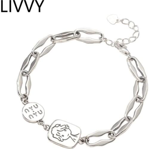 Silver Color New Fashion Rectangle Cartoon Round Letter Handmade Bangles & Bracelet Charm Women Vintage Creative Party Jewelry