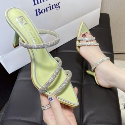 New Pointed Stiletto Women High Heels Slip on External Wear Rhinestone Cross Vamp Summer Sexy Ladies Slides Female Dress Shoes