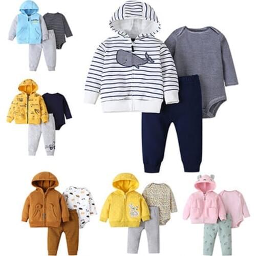 Baby Girl Clothes Long Sleeve Hooded Jacket+Cartoon Whale Romper+Pant Newborn Outfit Fashion 2021 Infant Clothing Set 6-24M