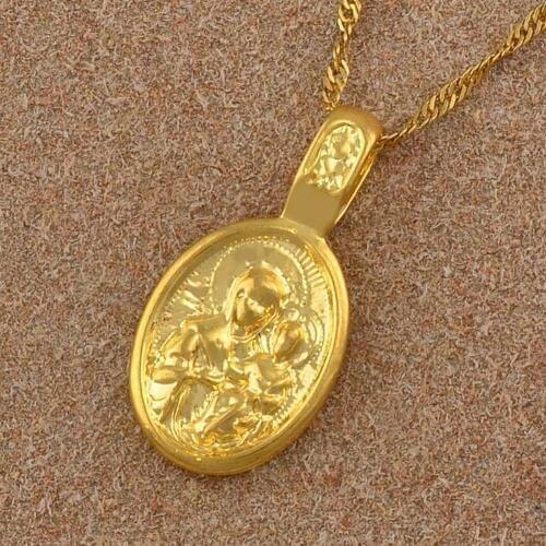 Anniyo Virgin Mary and Son Catholic Pendant Necklaces for Women Girls Christian Gold Color Religious Jewelry Gifts#052904