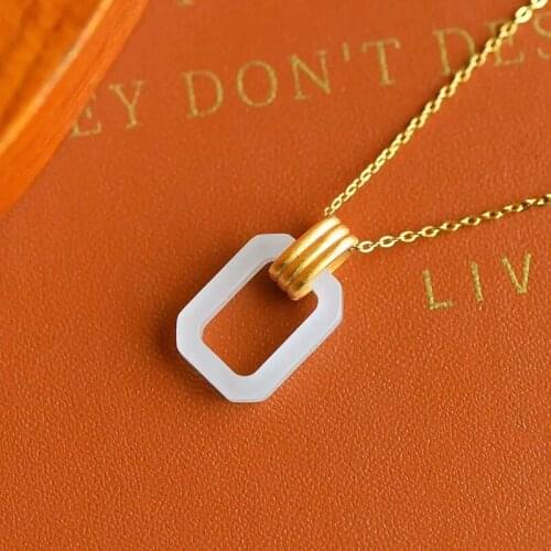 Natural Hetian jade geometric frame Pendant Necklace Chinese retro Bohemian elegant charm Christmas gift
