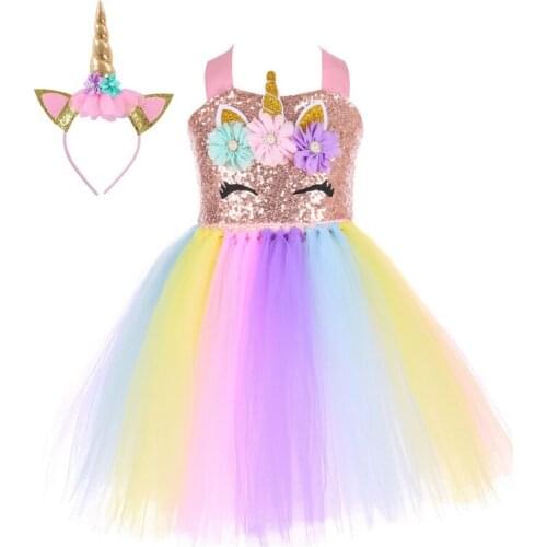 Girls Dress Unicorn Costume Fancy Up Christmas Kids Pink Sequin Rainbow Tutu Birthday Party Dresses Princess Cosplay Costumes