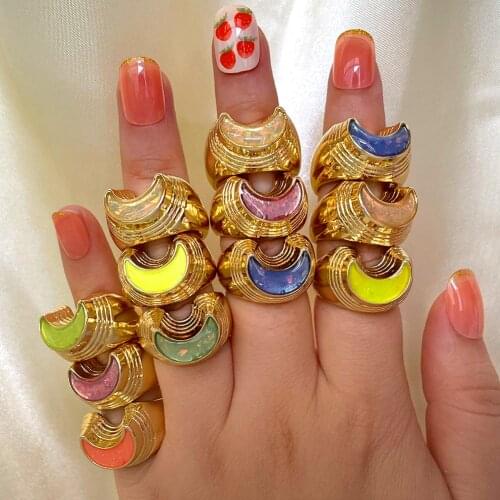 JUST FEEL Golden Geometry Chunky Sequins Resin Moon Rings for Women 2021 New Fashion Jewelry Punk Hip Hop Statement Party Gift