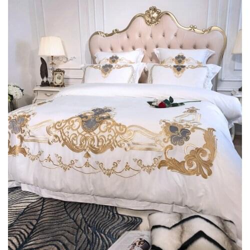Luxury 600TC White Egyptian Cotton European Palace Gold Embroidery Bedding Set Duvet Cover Bed Sheet Pillowcases Home Textiles
