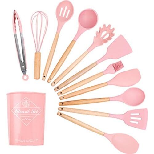 Pink Kitchen Utensils 12-piece Silicone Cookware Wooden Handle with Stainless Steel Storage Bucket Non-stick Spatula Kitchenware